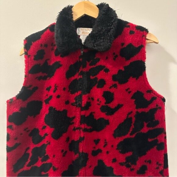 90s Tally-Ho Red Black Cow Print Vest Faux Fur Collar Y2K Retro Medium Petite - Picture 4 of 10